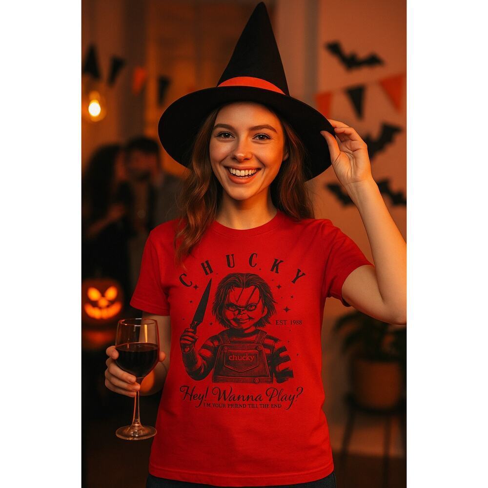 Comfort Colors Chucky Hey Wanna Play Horror Graphic Tee‎ Halloween Movie NEW